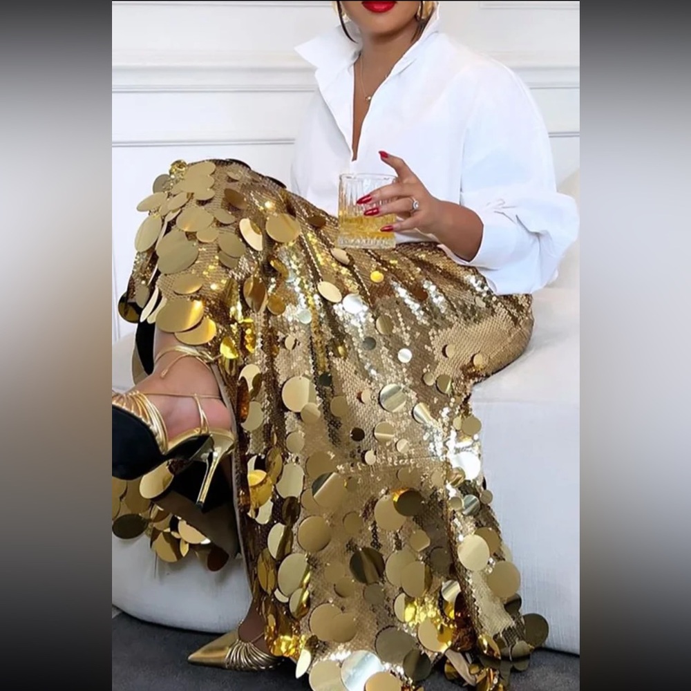 🎉Plus Size Elegant Gold Or Silver Long Sequin Formal Midi Skirt - Picture 4 of 16